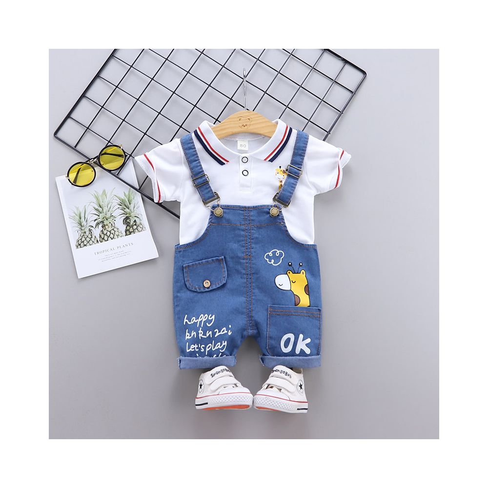 Boys summer outfit cartoon cute short sleeved denim overalls set baby s summer new style stylish thin style baby and children s clothing set