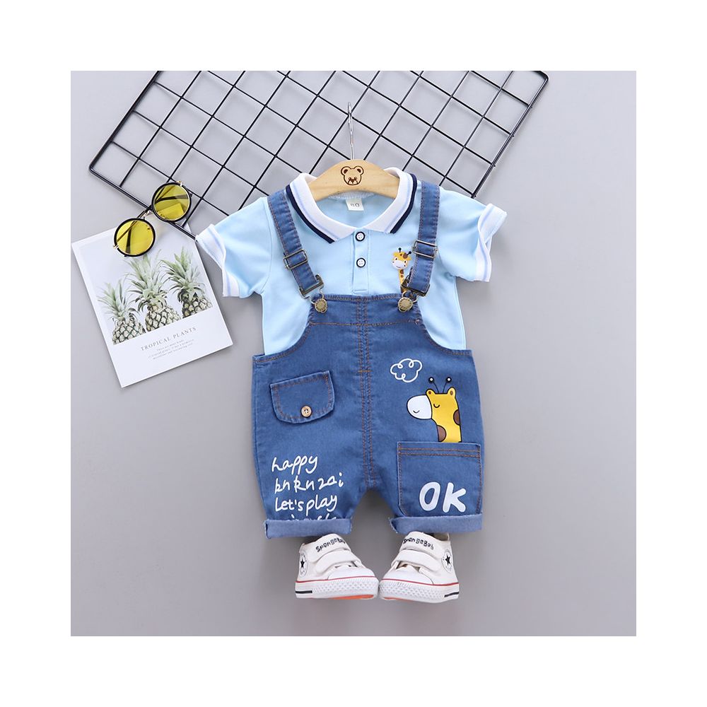 Boys summer outfit cartoon cute short sleeved denim overalls set baby s summer new style stylish thin style baby and children s clothing set