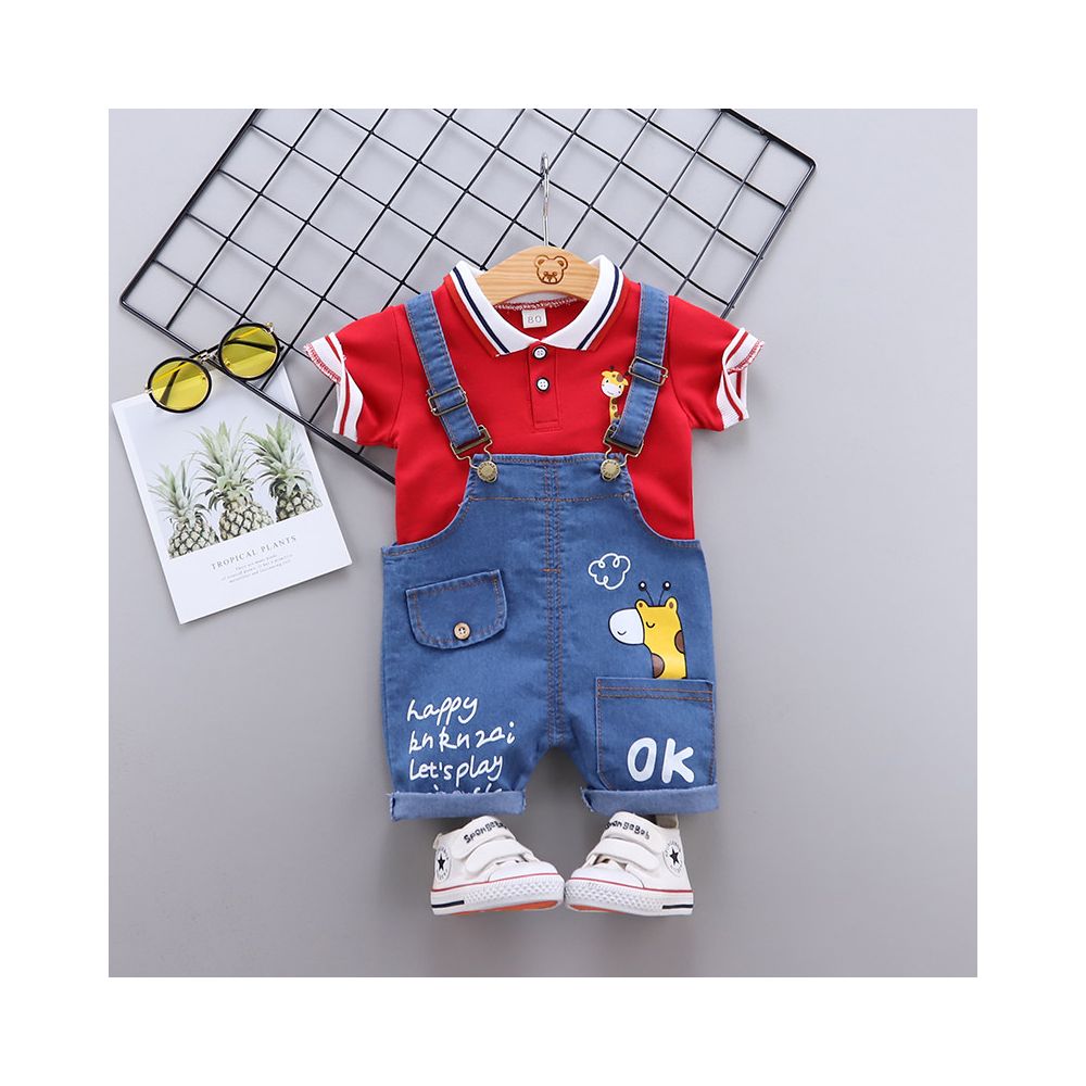 Boys summer outfit cartoon cute short sleeved denim overalls set baby s summer new style stylish thin style baby and children s clothing set