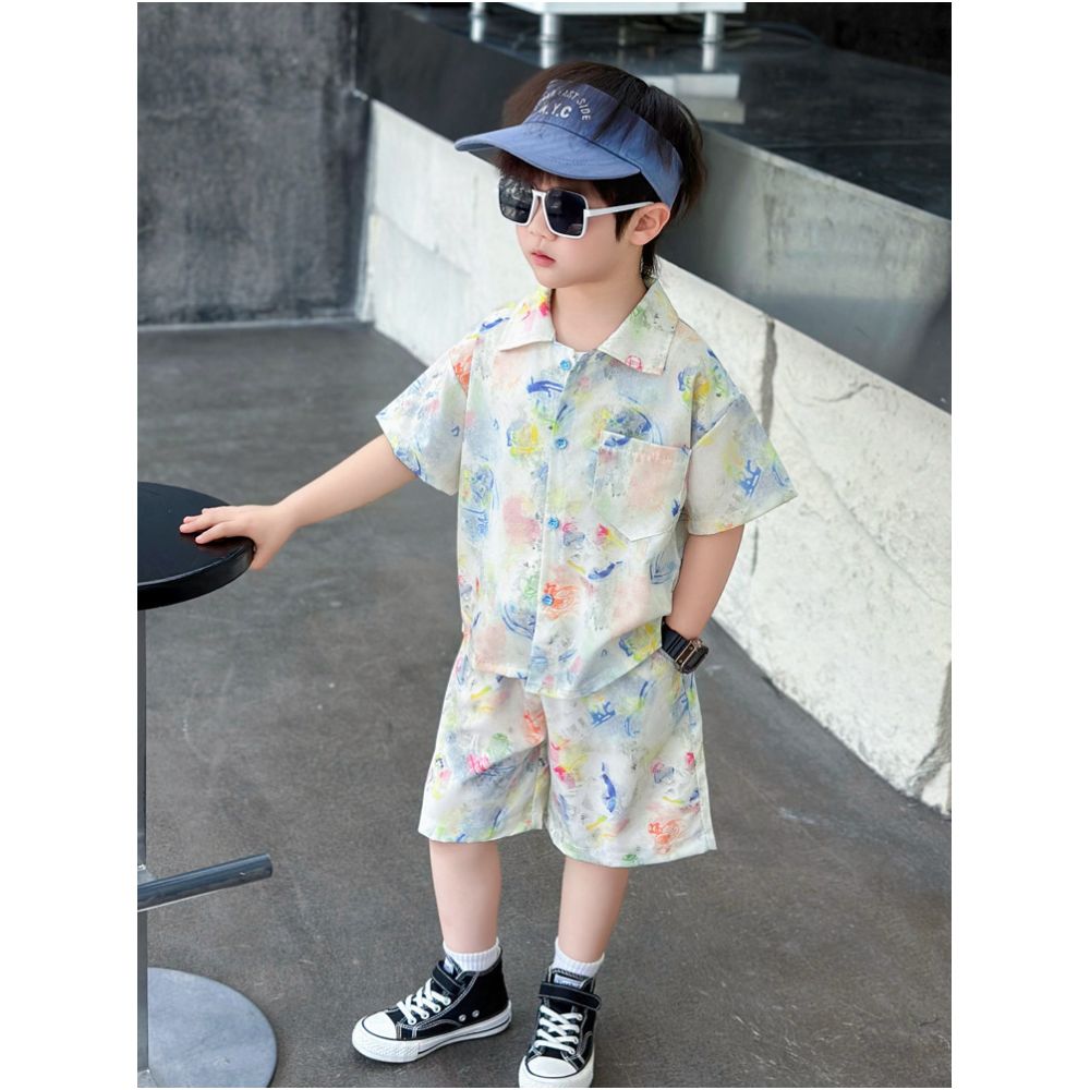 Children s summer short sleeved set boys floral shirt stylish baby summer shorts two piece set 2025 new style image 0