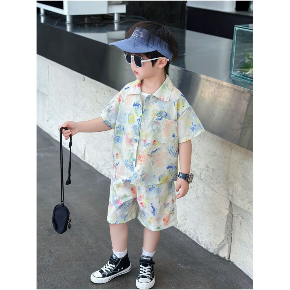Children s summer short sleeved set boys floral shirt stylish baby summer shorts two piece set 2025 new style image 1