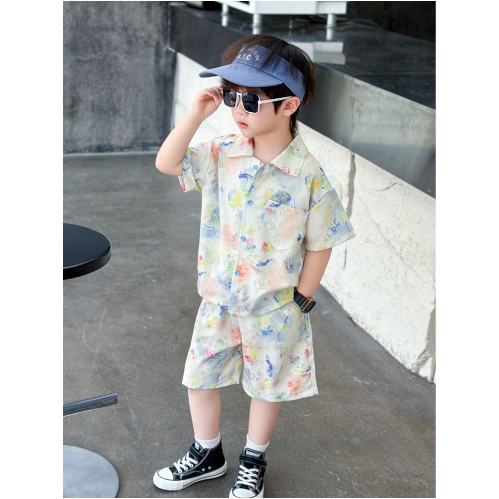 Children s summer short sleeved set boys floral shirt stylish baby summer shorts two piece set 2025 new style image 2