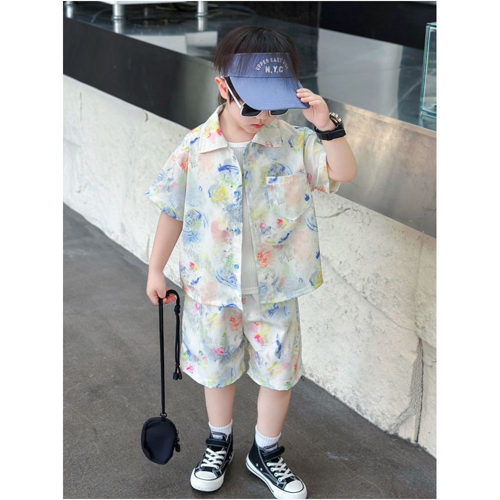 Children s summer short sleeved set boys floral shirt stylish baby summer shorts two piece set 2025 new style image 3