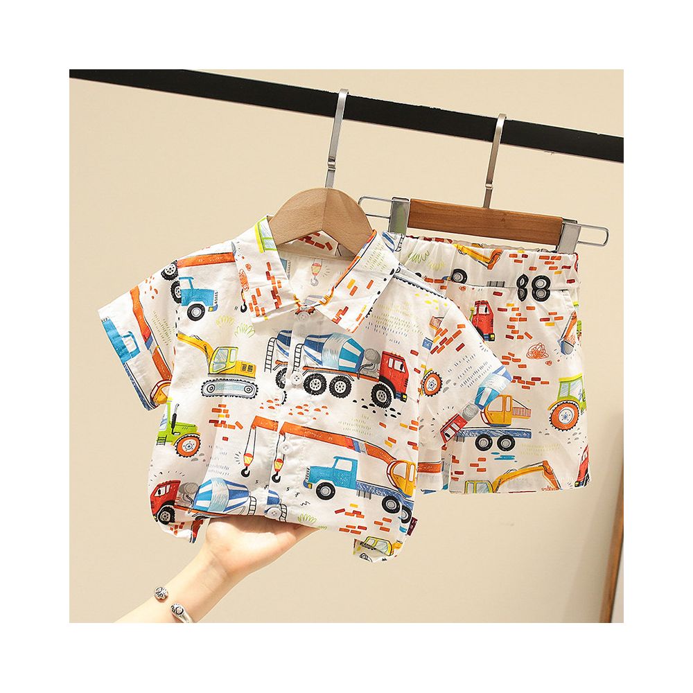 Baby and children s full printed car short sleeved shirt two piece set baby 2025 summer children s casual boys suit trend