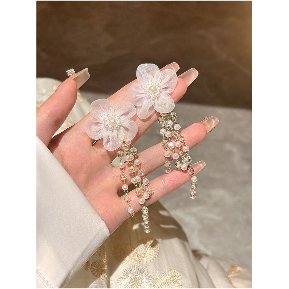 Long tassel pearl flower earrings for women 2024 new explosive style high end and elegant sweet earrings earrings for women image 1