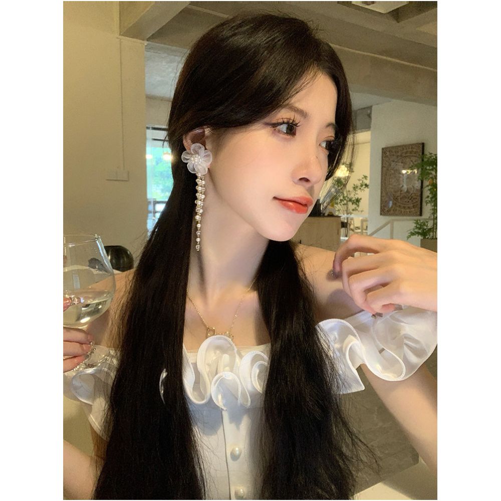 Long tassel pearl flower earrings for women 2024 new explosive style high end and elegant sweet earrings earrings for women image 2