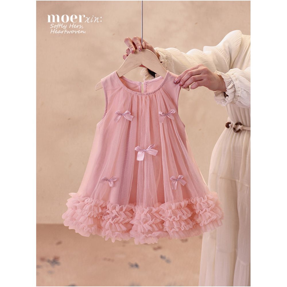 Girls dress summer dress 2025 summer new children s pink birthday dress bow mesh princess dress image 0