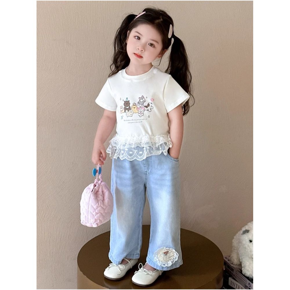 Summer girls short sleeved T shirt 2025 new children s half sleeved T shirt pure cotton summer baby girl jeans set image 0