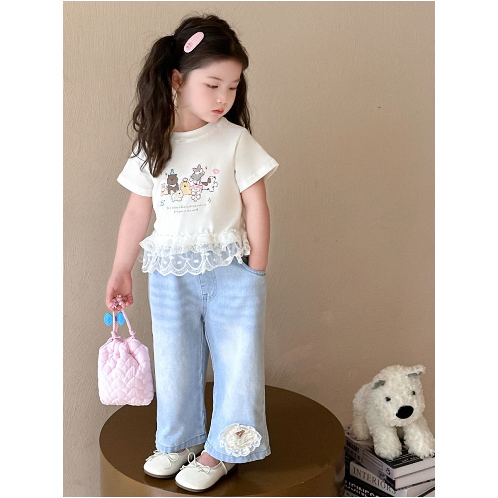 Summer girls short sleeved T shirt 2025 new children s half sleeved T shirt pure cotton summer baby girl jeans set image 1