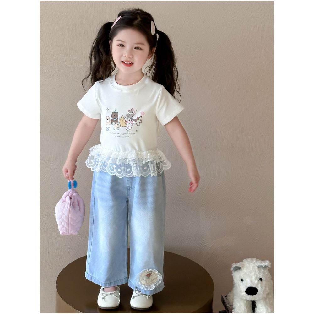 Summer girls short sleeved T shirt 2025 new children s half sleeved T shirt pure cotton summer baby girl jeans set image 3