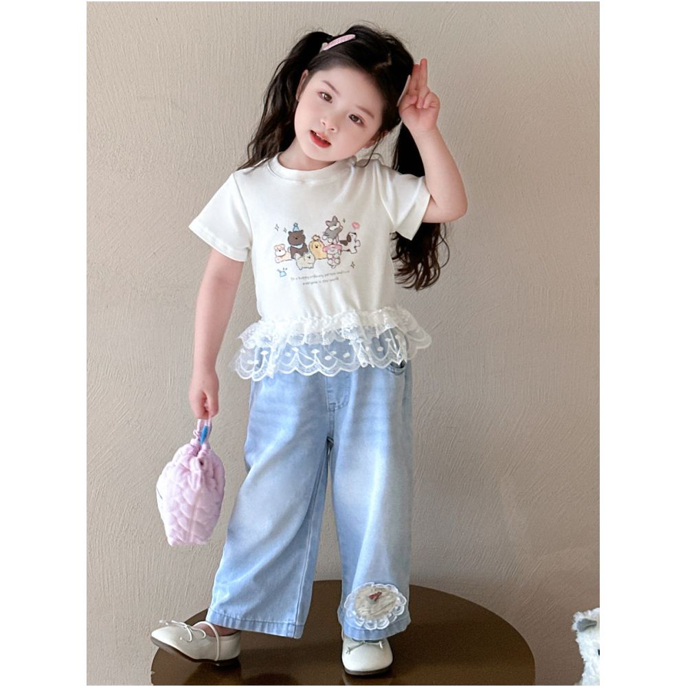 Summer girls short sleeved T shirt 2025 new children s half sleeved T shirt pure cotton summer baby girl jeans set image 4