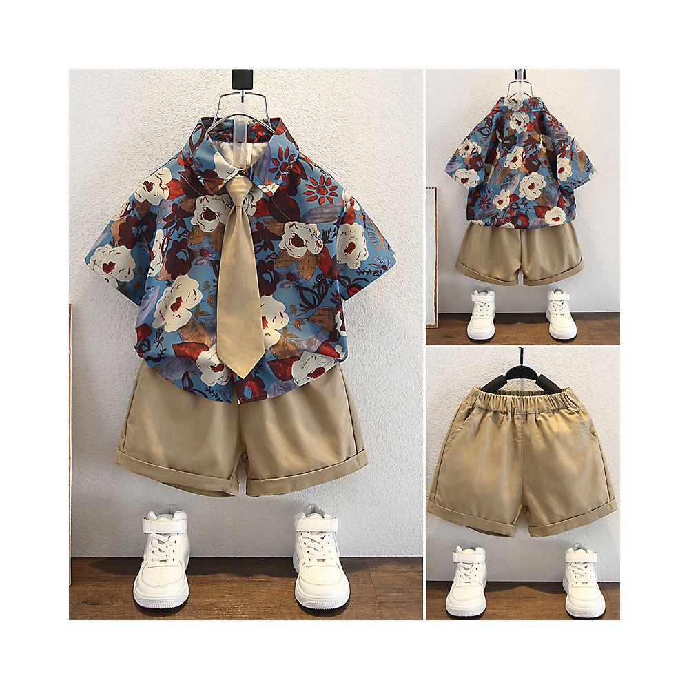 Boys Summer Hong Kong Style Shirt Set 2025 New Short sleeved Flower Shirt Shorts Tie Three piece Set Small and Medium sized Trendy image 0