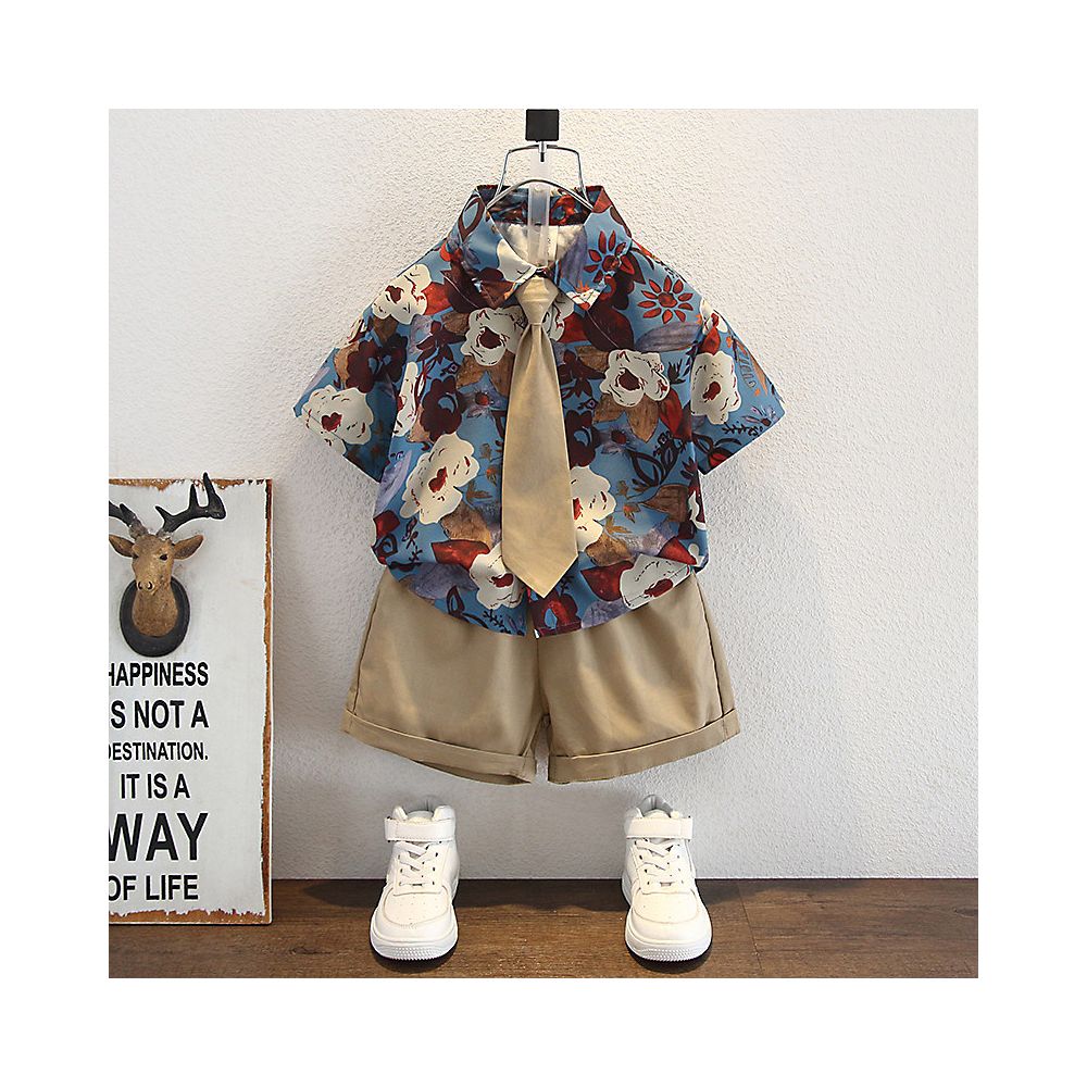 Boys Summer Hong Kong Style Shirt Set 2025 New Short sleeved Flower Shirt Shorts Tie Three piece Set Small and Medium sized Trendy image 1