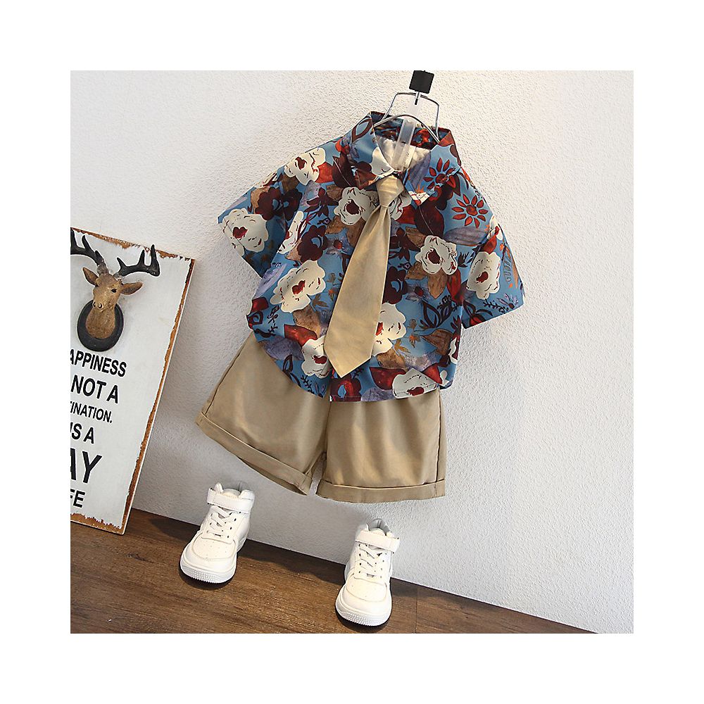 Boys Summer Hong Kong Style Shirt Set 2025 New Short sleeved Flower Shirt Shorts Tie Three piece Set Small and Medium sized Trendy image 2