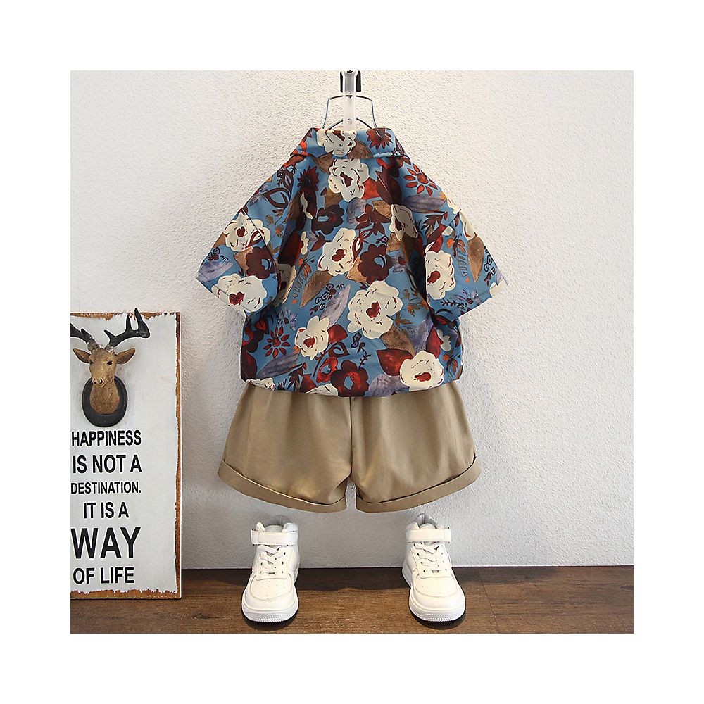Boys Summer Hong Kong Style Shirt Set 2025 New Short sleeved Flower Shirt Shorts Tie Three piece Set Small and Medium sized Trendy image 3