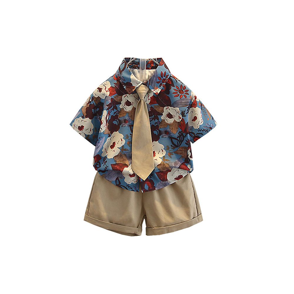 Boys Summer Hong Kong Style Shirt Set 2025 New Short sleeved Flower Shirt Shorts Tie Three piece Set Small and Medium sized Trendy image 4