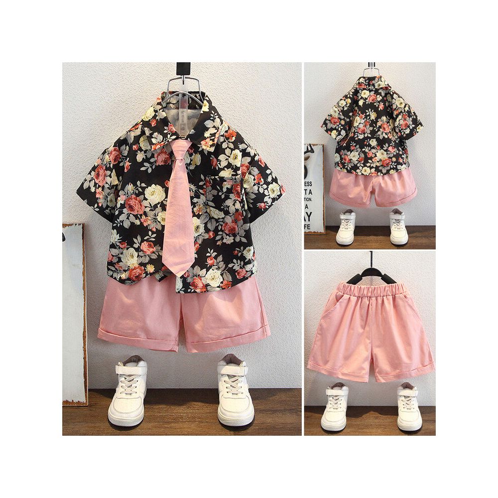 New Short sleeved Flower Shirt Shorts Tie Three piece Set Small and Medium sized Trendy