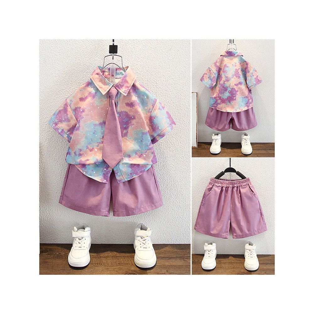 New Short sleeved Flower Shirt Shorts Tie Three piece Set Small and Medium sized Trendy