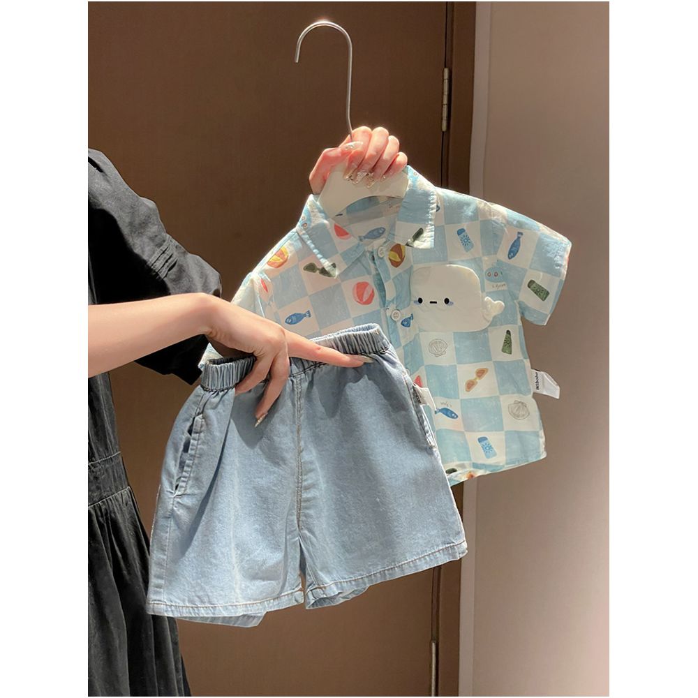 Boys summer outfit set 2025 new stylish boys baby shirt denim shorts summer clothes two piece set image 0