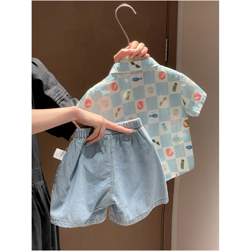 Boys summer outfit set 2025 new stylish boys baby shirt denim shorts summer clothes two piece set image 1