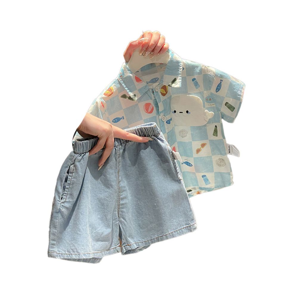 Boys summer outfit set 2025 new stylish boys baby shirt denim shorts summer clothes two piece set image 4