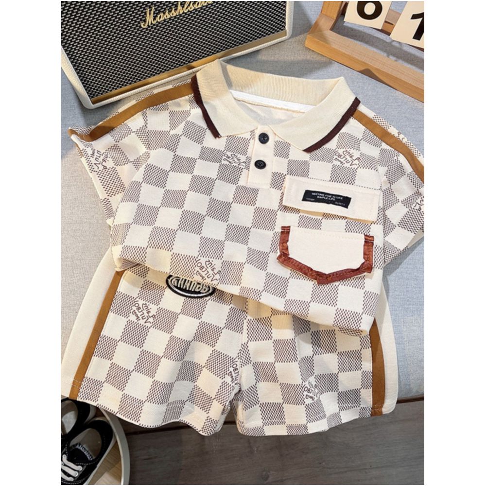 Boys 2025 new five part pants set children s summer clothes polo shirt pants two piece set trendy children s collar image 2
