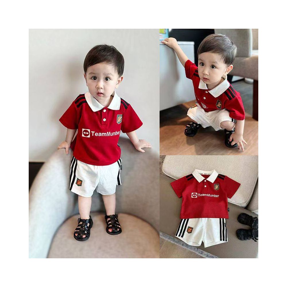 Baby sports suit set summer new children s football suit striped bar webbing boys two piece set lapel clothes trendy image 0