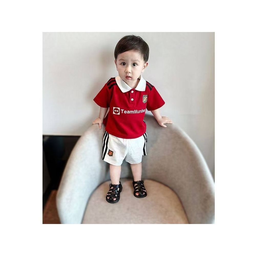 Baby sports suit set summer new children s football suit striped bar webbing boys two piece set lapel clothes trendy image 4