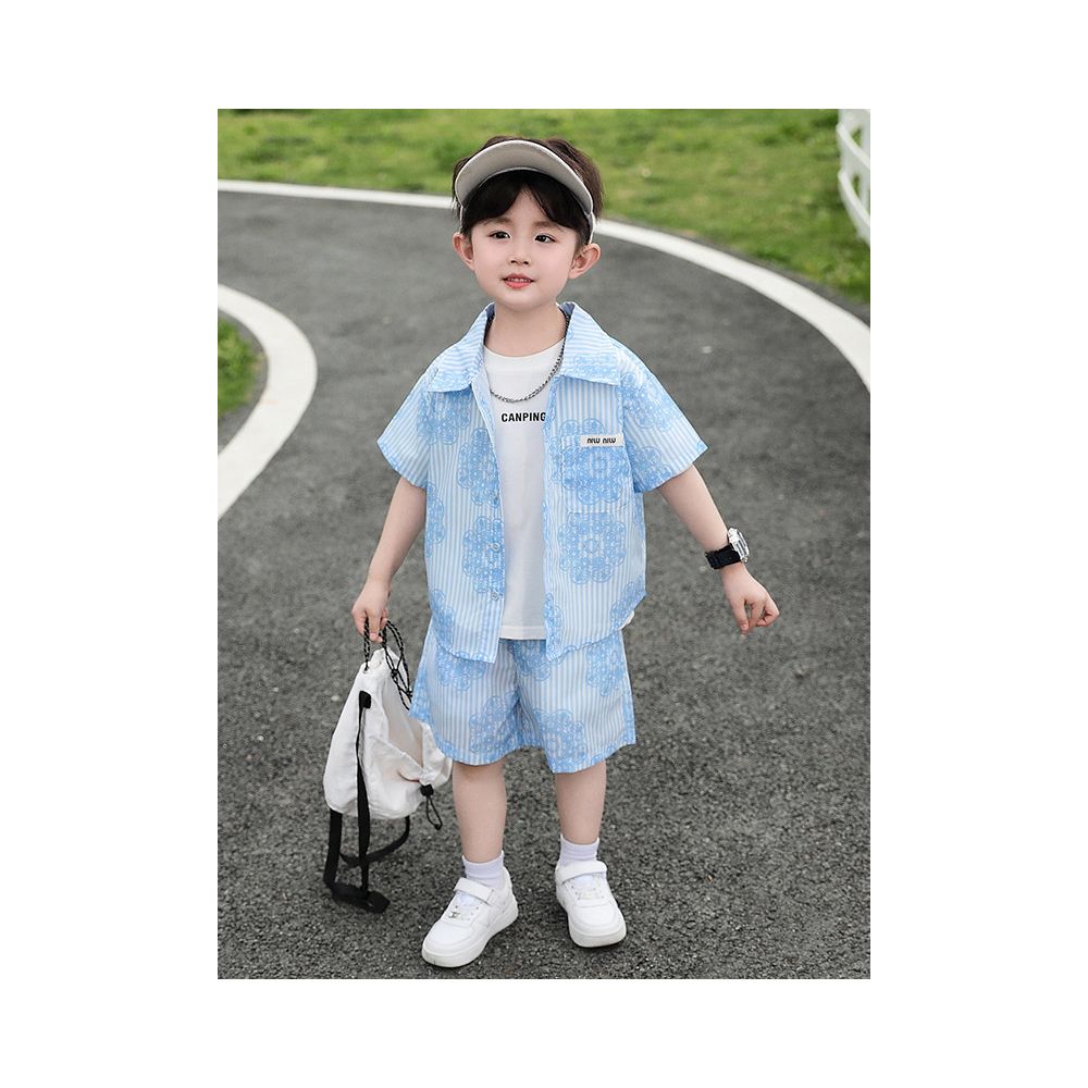 Boys Summer Shirt Short Sleeve Set 2025 New Style Children s Stylish Internet Celebrity Cool Handsome Two Piece Set Baby Summer Clothes image 0