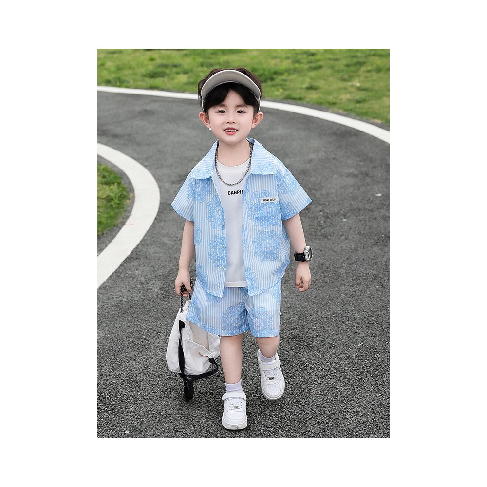 Boys Summer Shirt Short Sleeve Set 2025 New Style Children s Stylish Internet Celebrity Cool Handsome Two Piece Set Baby Summer Clothes image 1
