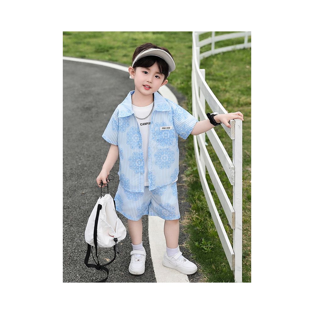 Boys Summer Shirt Short Sleeve Set 2025 New Style Children s Stylish Internet Celebrity Cool Handsome Two Piece Set Baby Summer Clothes image 3