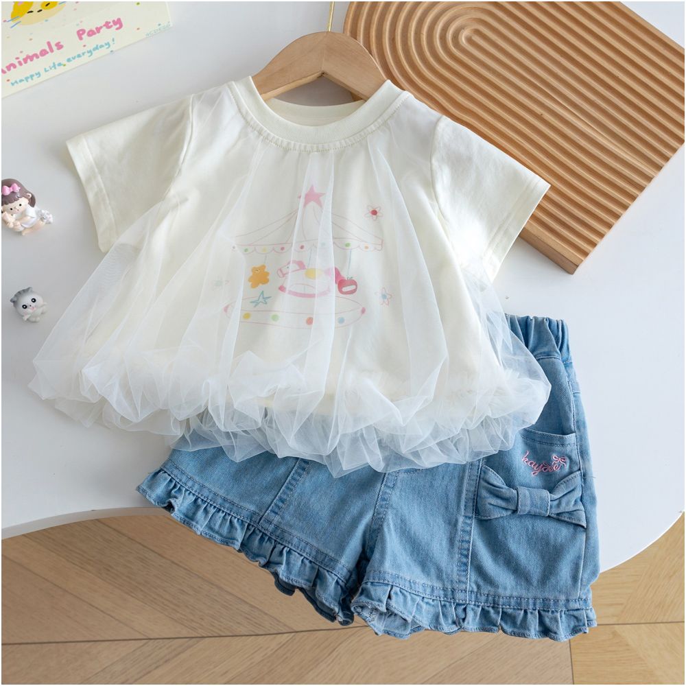 Girls Summer Sweet Mesh Fashion Princess Top Versatile Cowboy Shorts Two Piece Set Summer New Style