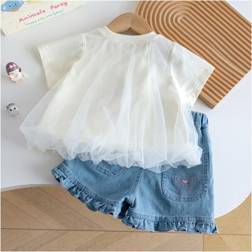 Girls Summer Sweet Mesh Fashion Princess Top Versatile Cowboy Shorts Two Piece Set Summer New Style image 1