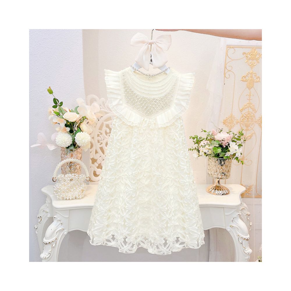 Girl s pearl sleeveless dress summer Korean version hollow broken vest dress little girl s stylish princess dress image 0