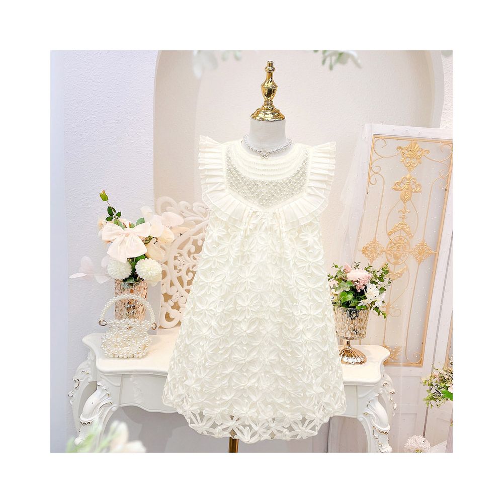 Girl s pearl sleeveless dress summer Korean version hollow broken vest dress little girl s stylish princess dress image 1