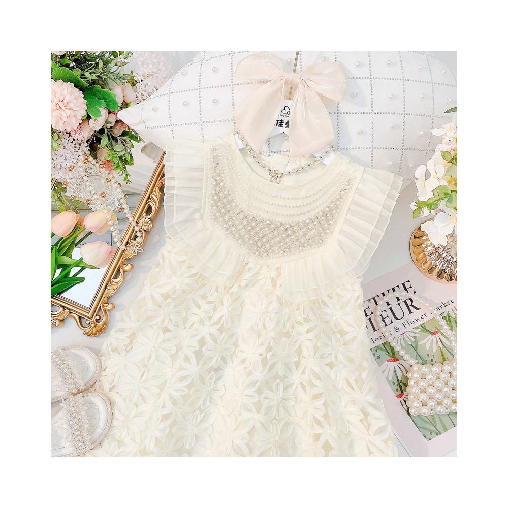 Girl s pearl sleeveless dress summer Korean version hollow broken vest dress little girl s stylish princess dress image 2