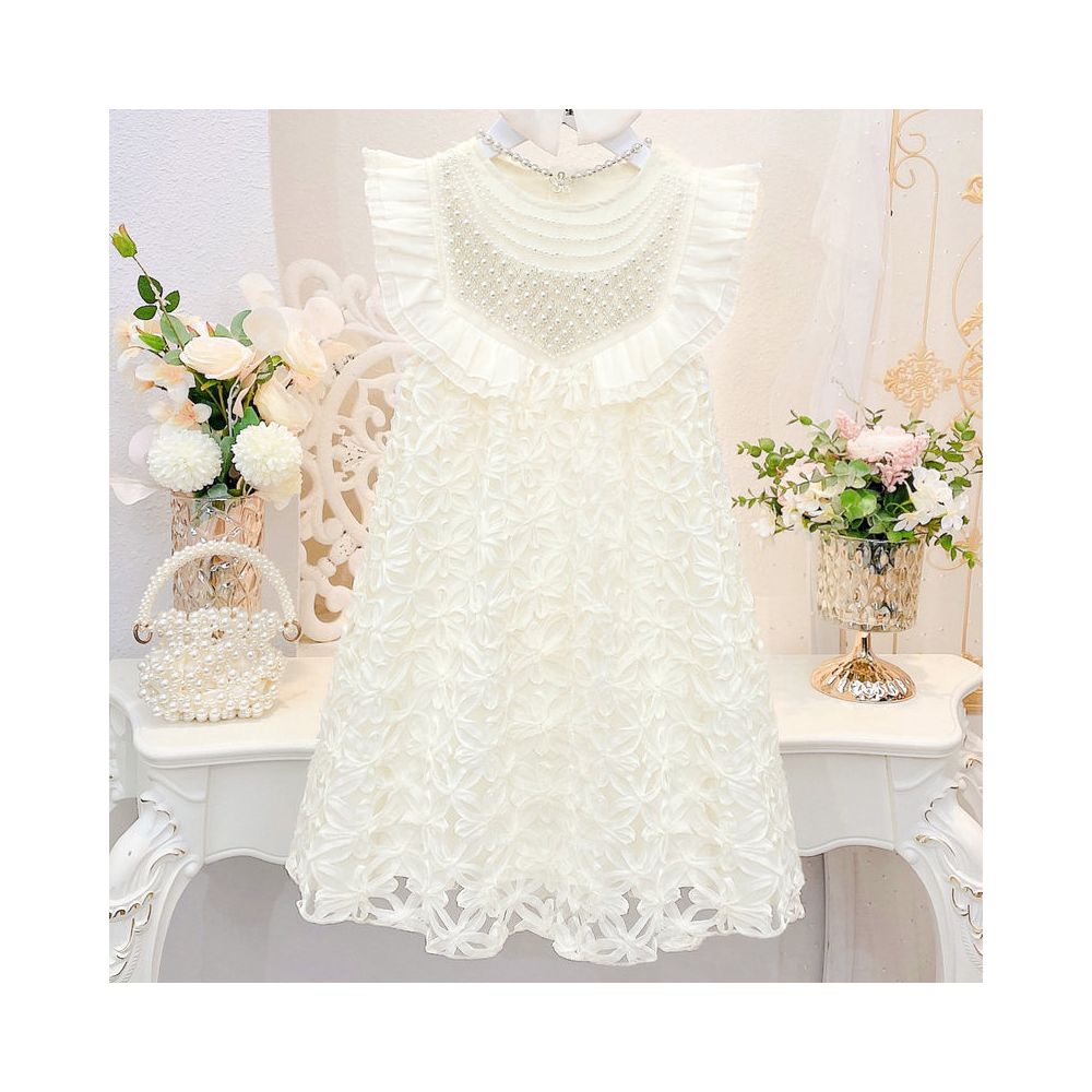 Girl s pearl sleeveless dress summer Korean version hollow broken vest dress little girl s stylish princess dress( Only dress)