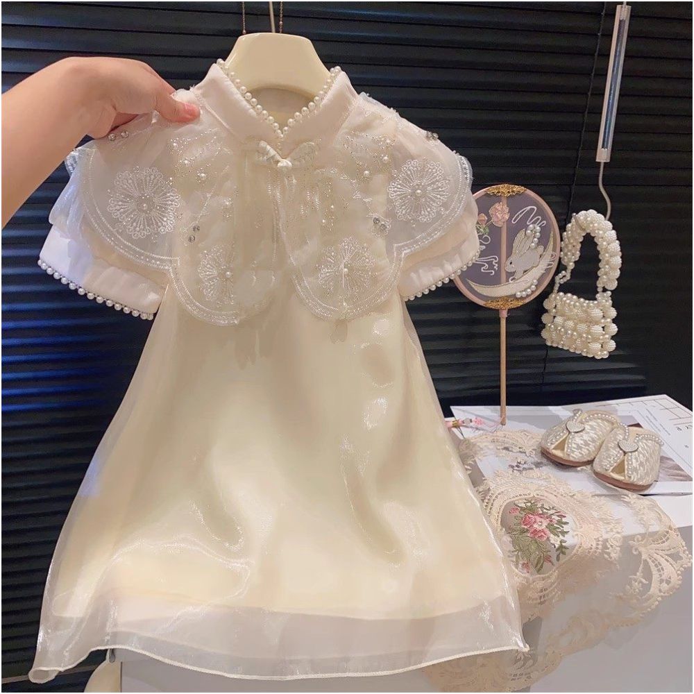 Girls Fairy Cheongsam Skirt Summer New Baby Style Nail Pearl Collar Mesh Princess Skirt Children s Chinese Style Dress