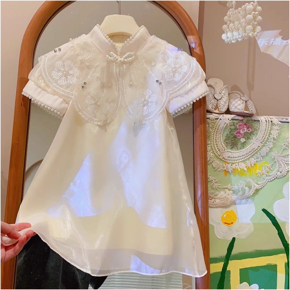 Girls Fairy Cheongsam Skirt Summer New Baby Style Nail Pearl Collar Mesh Princess Skirt Children s Chinese Style Dress image 1