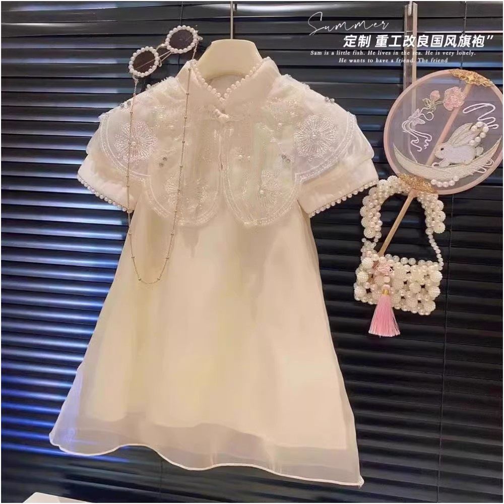 Girls Fairy Cheongsam Skirt Summer New Baby Style Nail Pearl Collar Mesh Princess Skirt Children s Chinese Style Dress image 2