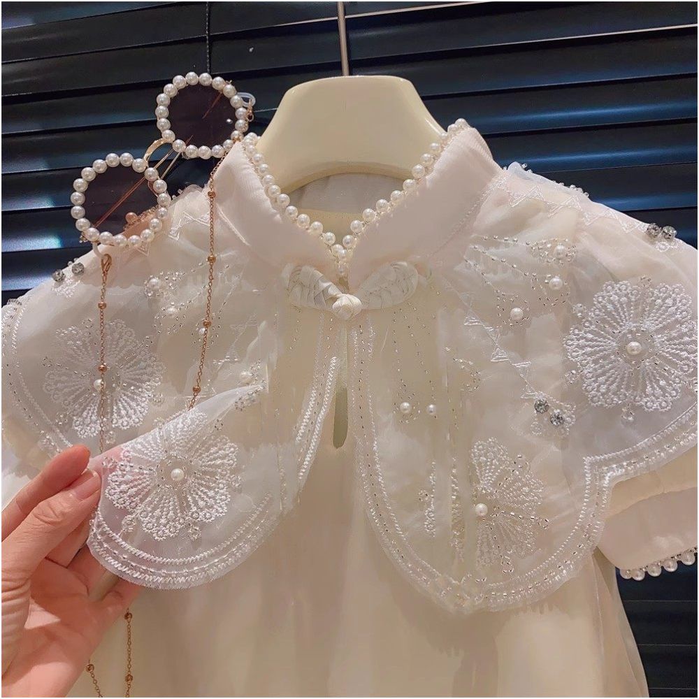 Girls Fairy Cheongsam Skirt Summer New Baby Style Nail Pearl Collar Mesh Princess Skirt Children s Chinese Style Dress image 3
