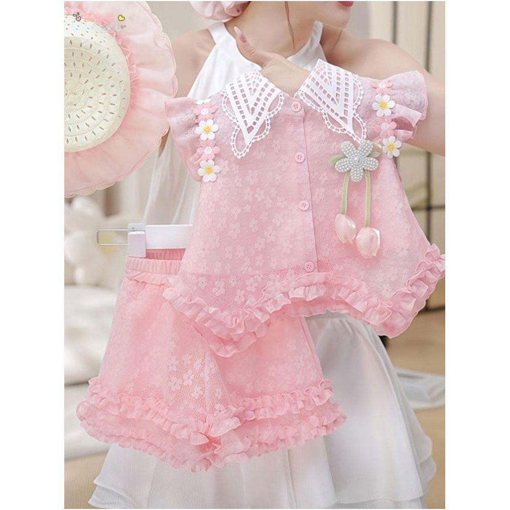 Girl s flying sleeve shorts set 2025 summer dress women s treasure lace western style shirt skirt and pants bow tie super hot two piece set image 1