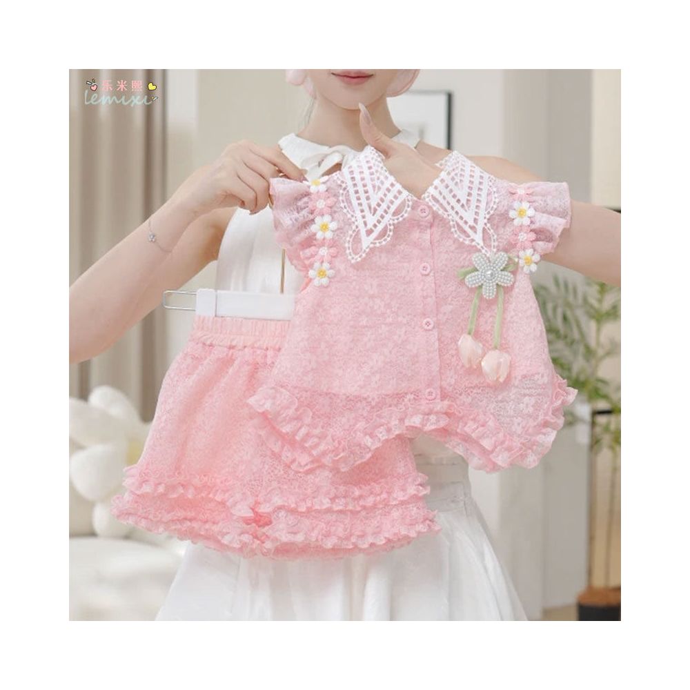 Girl s flying sleeve shorts set summer dress women s treasure lace western style shirt skirt and pants bow tie super hot two piece set