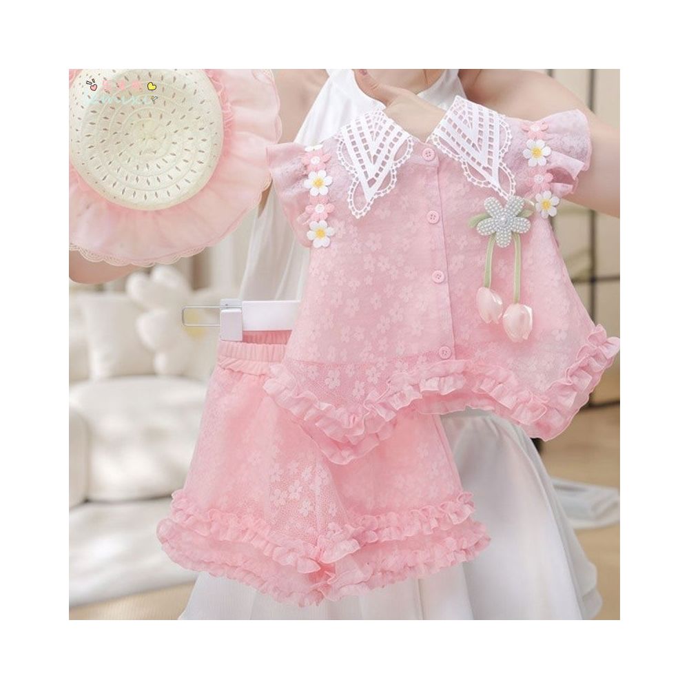 Girl s flying sleeve shorts set summer dress women s treasure lace western style shirt skirt and pants bow tie super hot two piece set