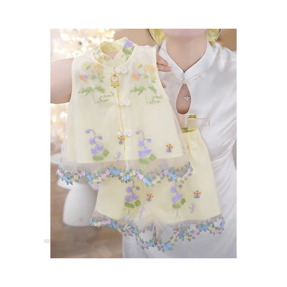 Girls Summer  New Chinese style Embroidered Buckle Tank Top Lace Skirt Pants New Chinese Sleeveless Shorts Two Piece Set