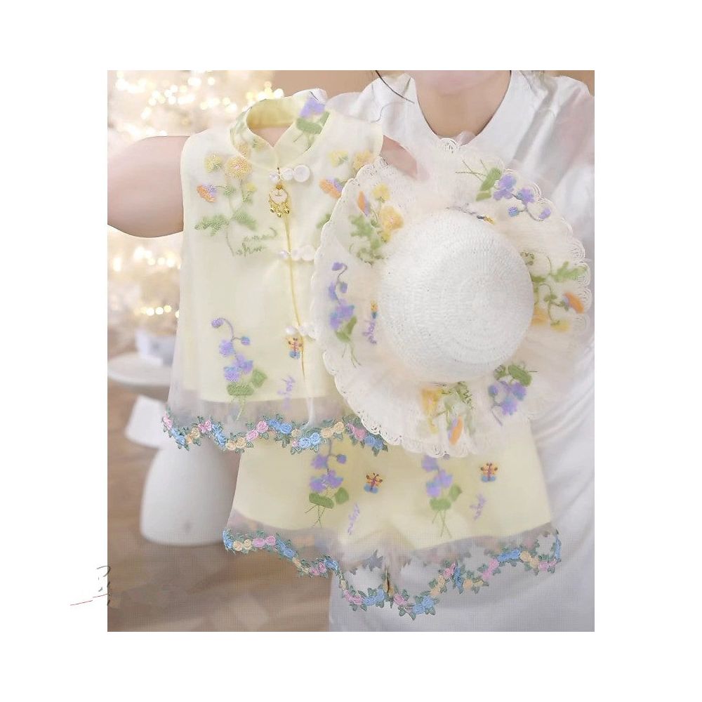 Girls Summer  New Chinese style Embroidered Buckle Tank Top Lace Skirt Pants New Chinese Sleeveless Shorts Two Piece Set
