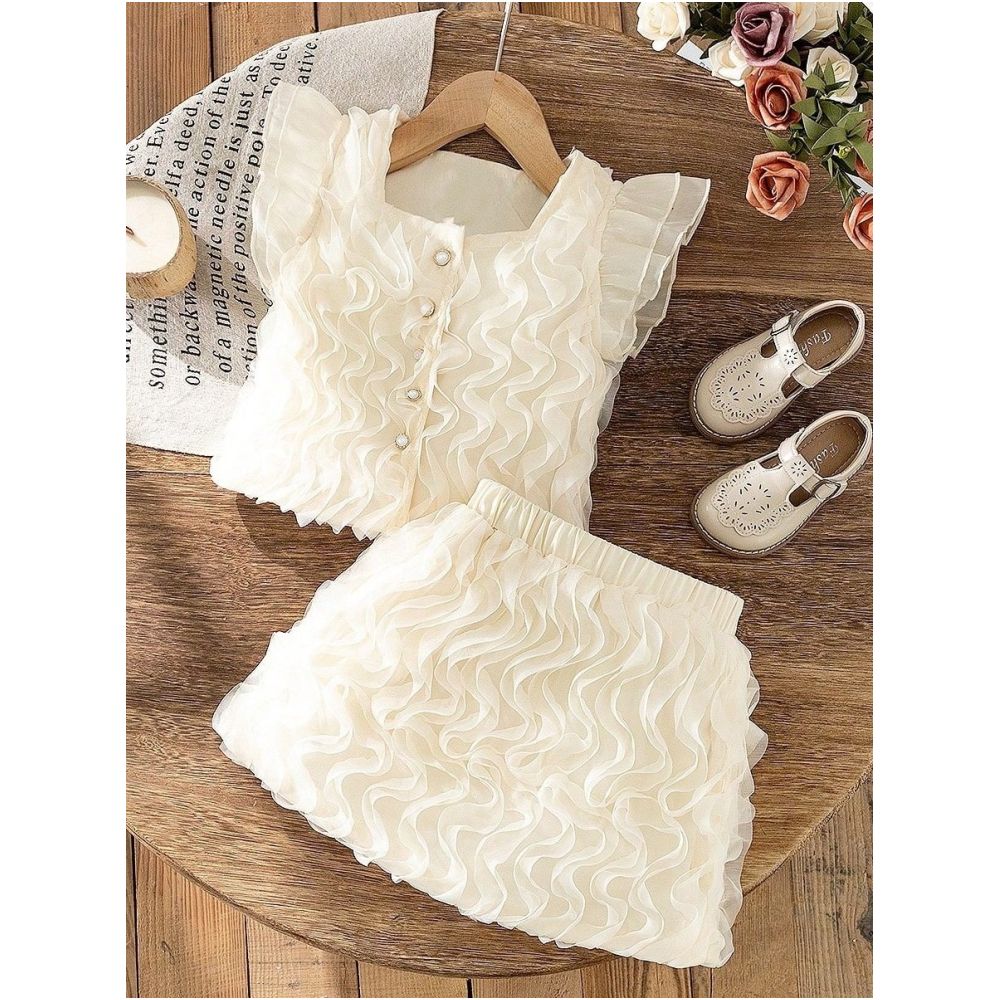 2025 Summer Foreign Trade New Style 4 7 Year Old Girls Three Dimensional Wave Mesh Top and Half Skirt Two Piece Set image 0