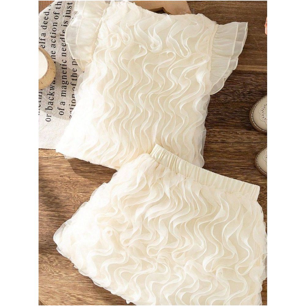 2025 Summer Foreign Trade New Style 4 7 Year Old Girls Three Dimensional Wave Mesh Top and Half Skirt Two Piece Set image 2