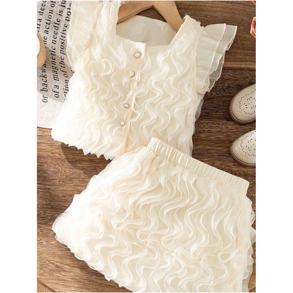 2025 Summer Foreign Trade New Style 4 7 Year Old Girls Three Dimensional Wave Mesh Top and Half Skirt Two Piece Set image 4