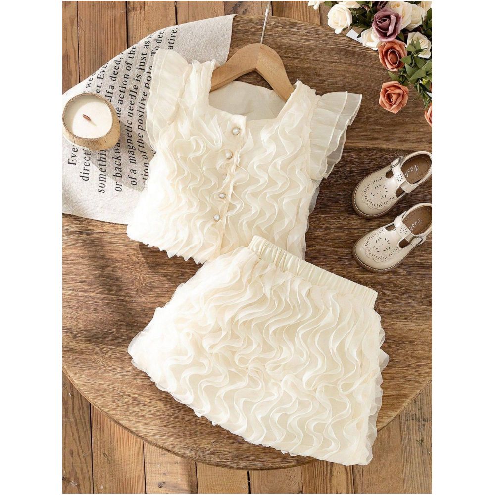 Summer Foreign Trade New Style 4- 7 Year Old Girls Three Dimensional Wave Mesh Top and Half Skirt Two Piece Set